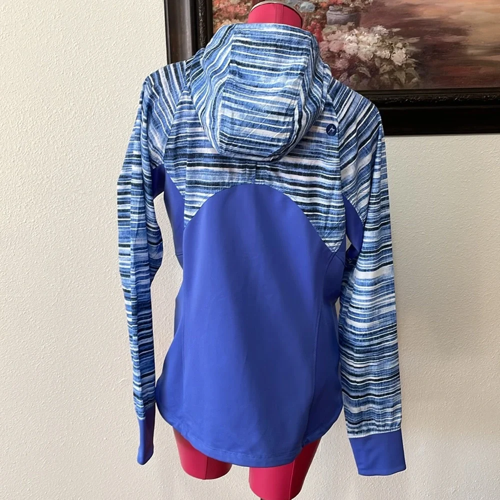 Marmot Windbreaker Striped Blue White Hooded Lightweight Running Jacket Large